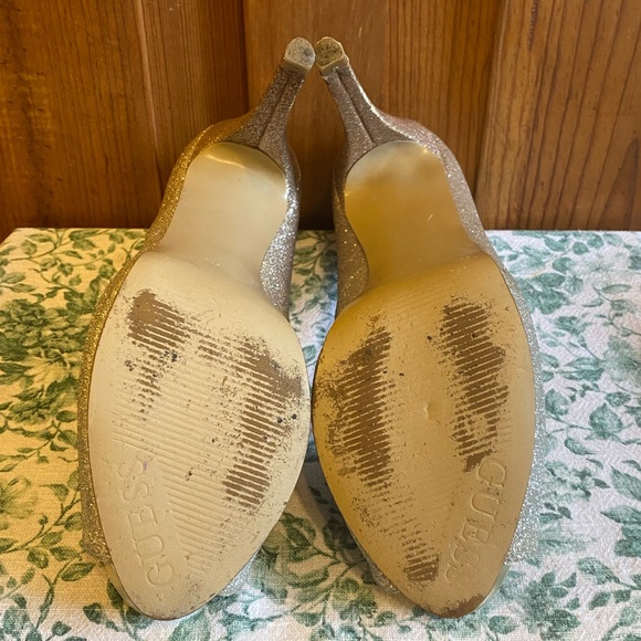 Guess Sparkly Gold Open Toe Platform High Heels - Picture 8 of 8